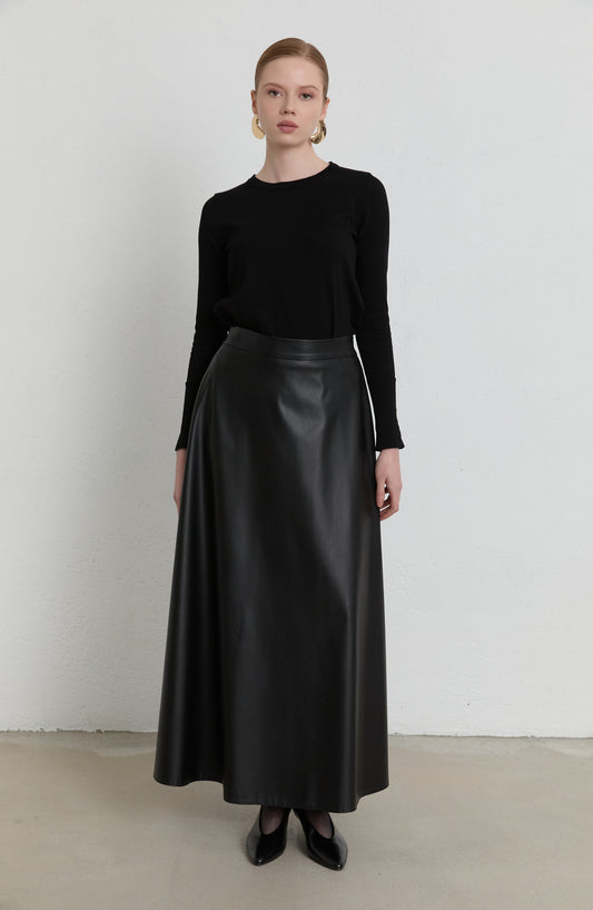 Deri Siyah Kloş Etek