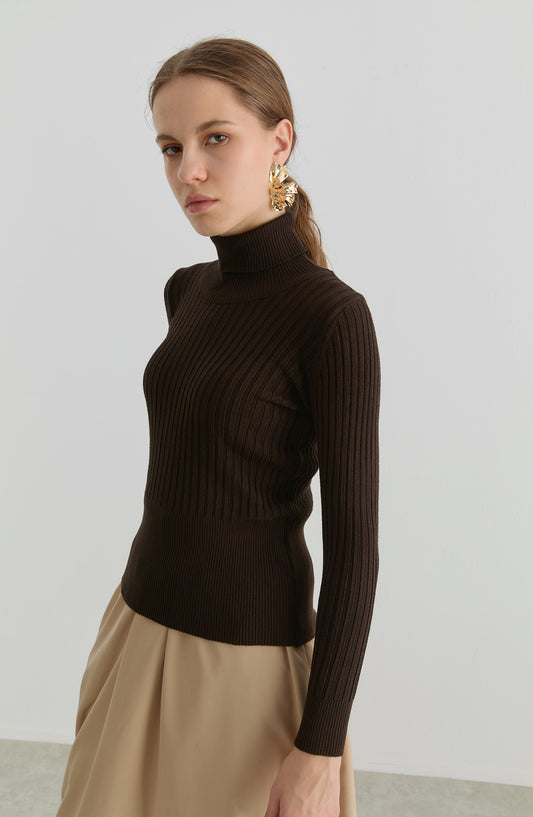 Basic Balıkçı Yaka Acı Kahve Fitilli Triko Kazak