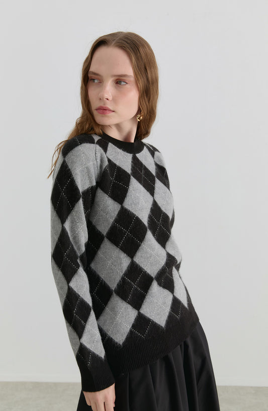 Baklava Desen Siyah-Gri Yumoş Triko Kazak