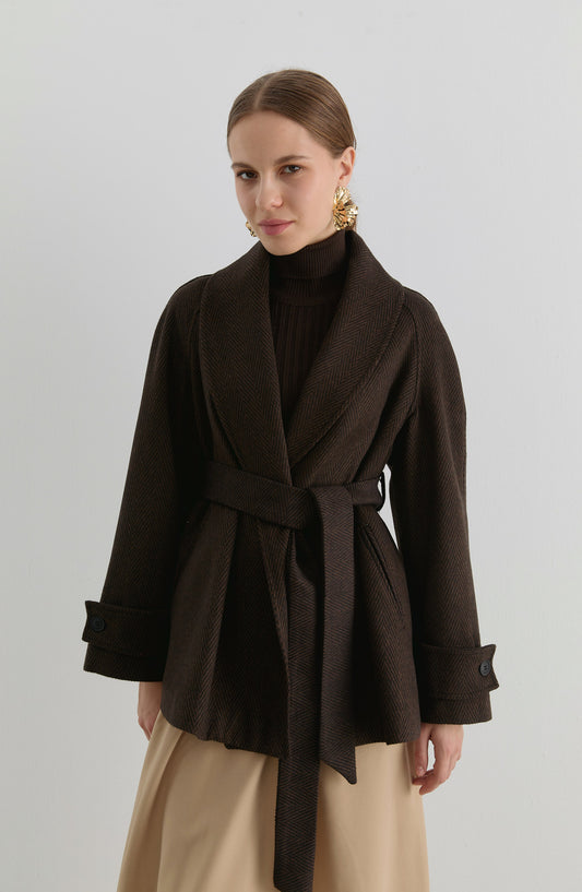 Kruvaze Taba Balıksırtı Midi Ceket Kaban