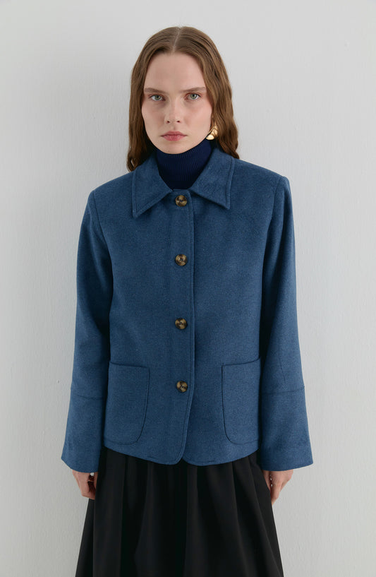 Üçgen Atkılı İndigo Kaşe Ceket Kaban