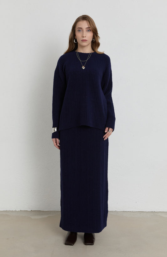 Örgü Desen Lacivert Yumoş Triko Etekli İkili Takım