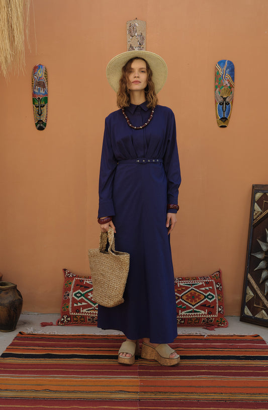 Pileli Kaplama Kemerli Lacivert Pamuk Elbise