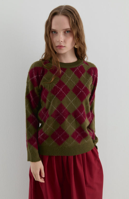 Baklava Desen Haki-Bordo Yumoş Triko Kazak