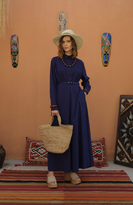 Pileli Kaplama Kemerli Lacivert Pamuk Elbise