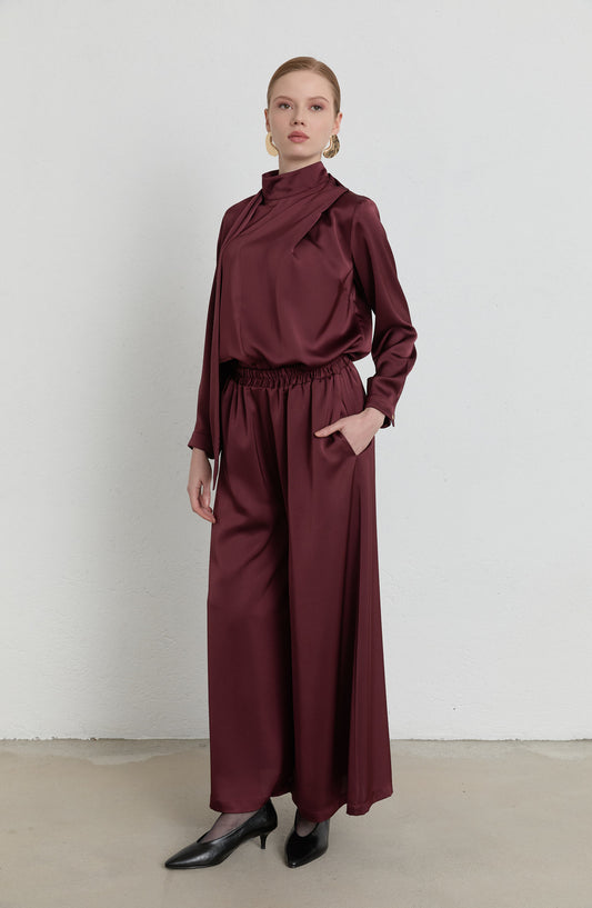 Saten Vişne Pantolon Etek