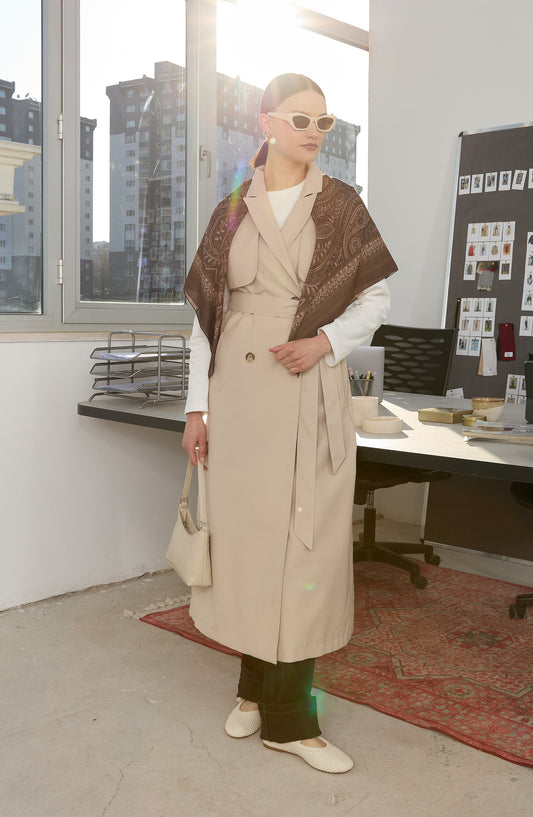 Rüzgarlıklı Maksi Taş Trenç Yelek