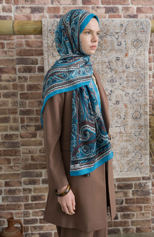 Presya Mavi Etnik Desenli Şal