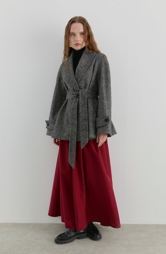 Kruvaze Siyah Balıksırtı Midi Ceket Kaban