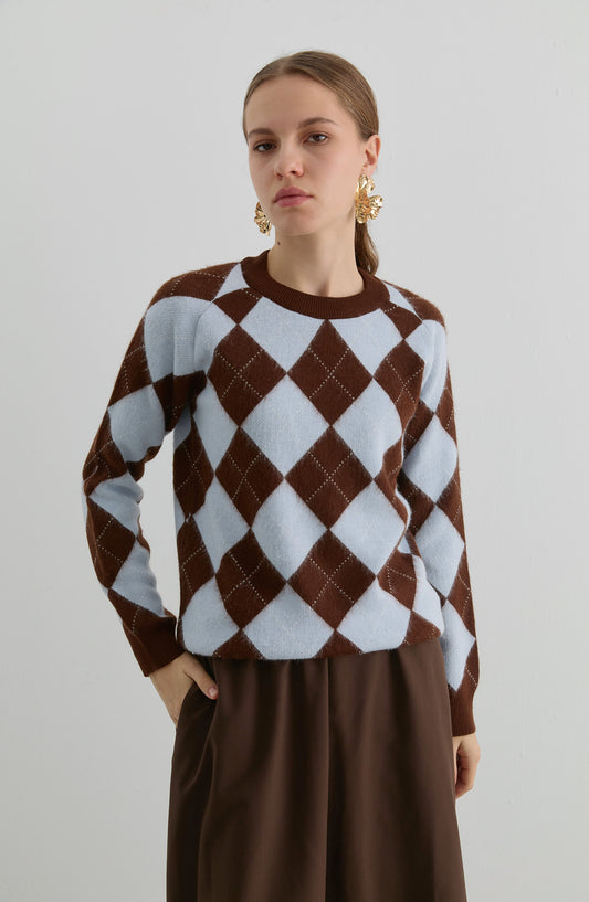 Baklava Desen Kahverengi-Bebe Mavi Yumoş Triko Kazak