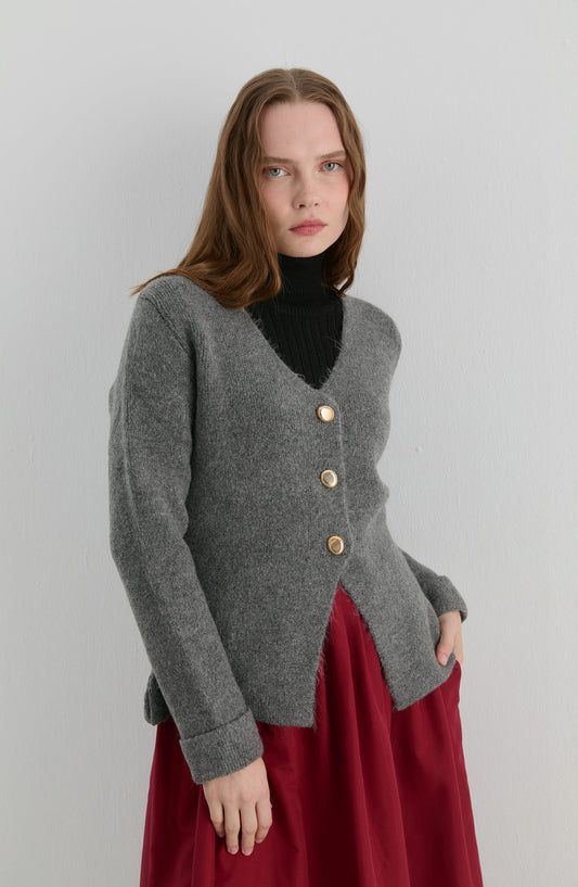 Gold Düğmeli Antrasit Yumoş Triko Hırka