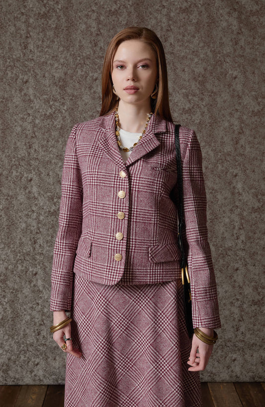 Ekose Kazayağı Bordo Blazer Ceket Etek Takım