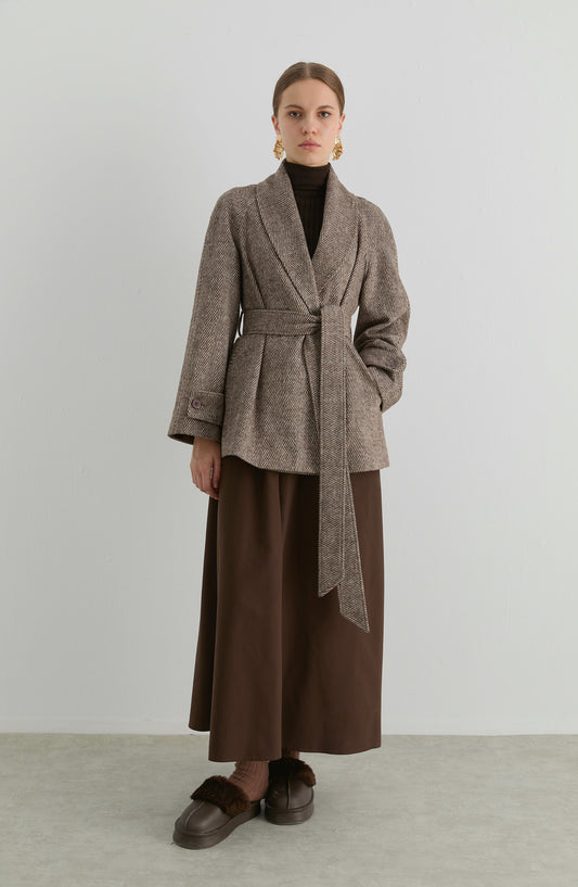 Kruvaze Sütlü Kahve Balıksırtı Midi Ceket Kaban