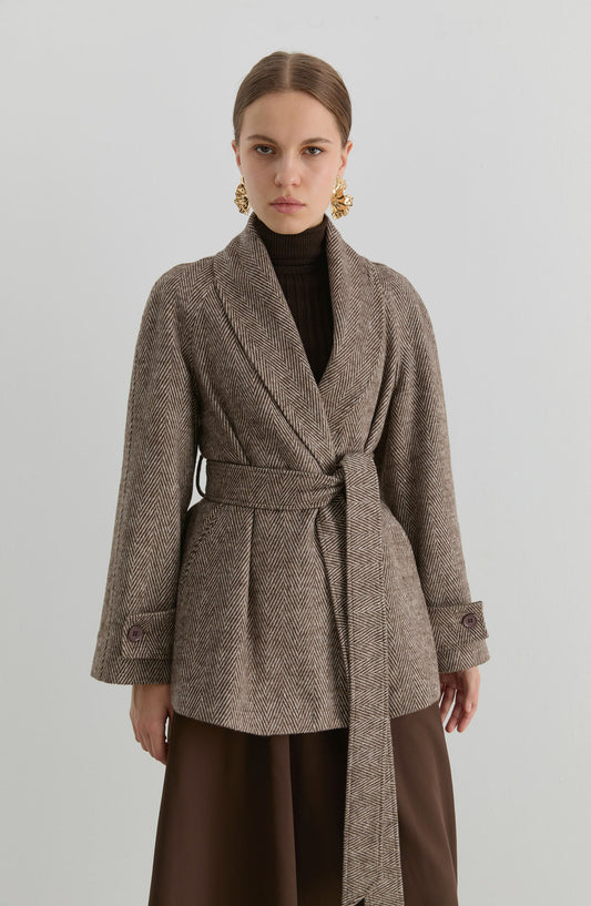 Kruvaze Sütlü Kahve Balıksırtı Midi Ceket Kaban