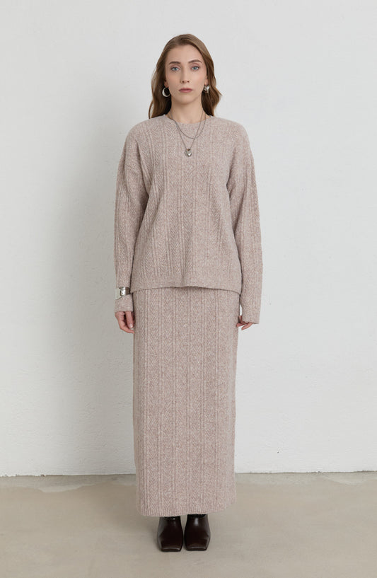 Örgü Desen Taş Yumoş Triko Etekli İkili Takım