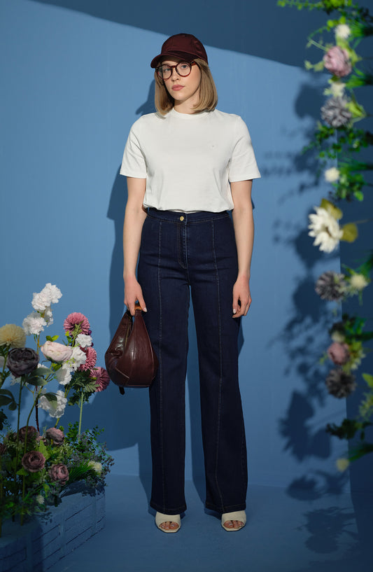 Ütü İzli Palazzo Lacivert Denim Pantolon