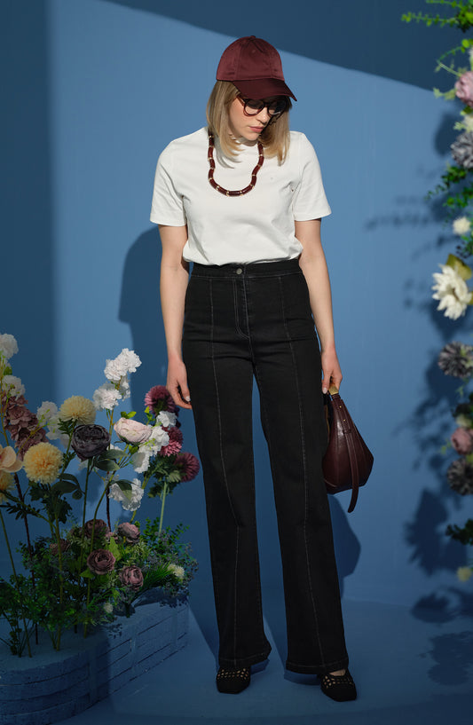 Ütü İzli Palazzo Siyah Denim Pantolon