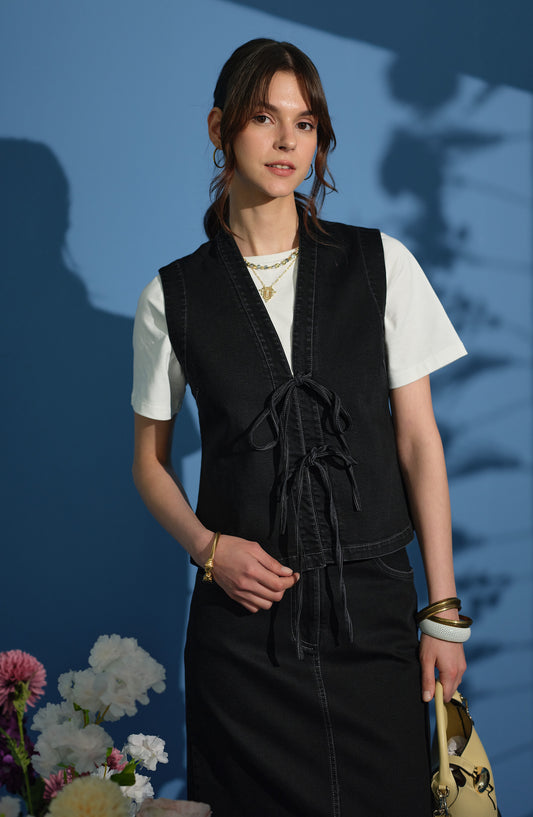 Bağlamalı Siyah Denim Yelek