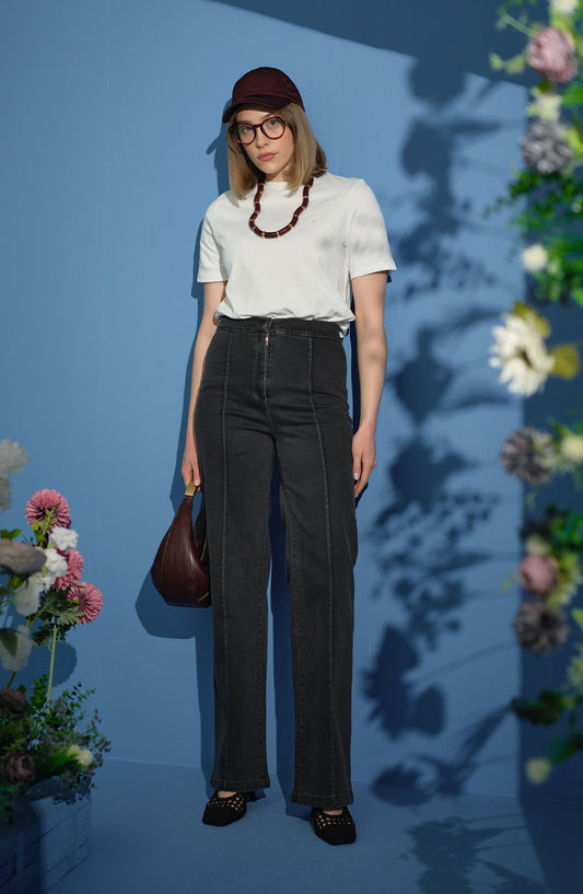 Ütü İzli Palazzo Gri Denim Pantolon