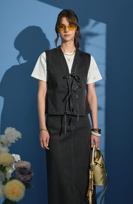 Bağlamalı Gri Denim Yelek