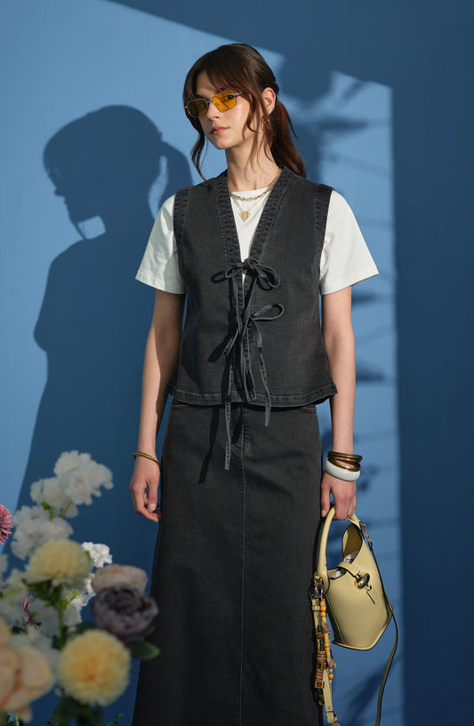 Bağlamalı Gri Denim Yelek