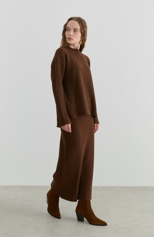 Basic Yumoş Kahverengi Triko Etekli İkili Takım