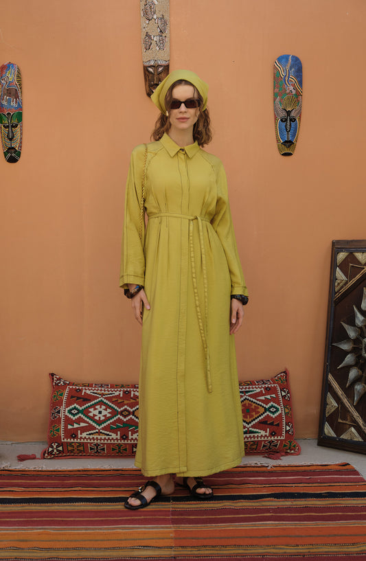 Spor Dikişli Nervürlü Yağ Yeşili Elbise