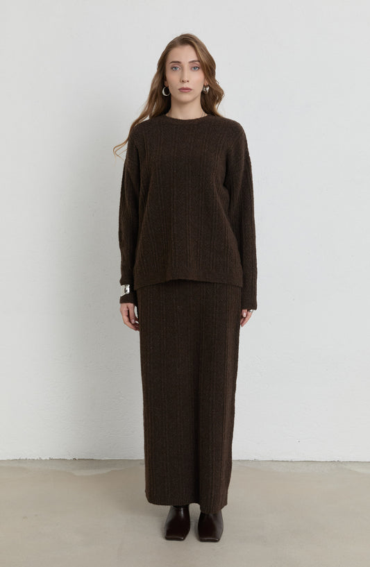 Örgü Desen Acı Kahve Yumoş Triko Etekli İkili Takım