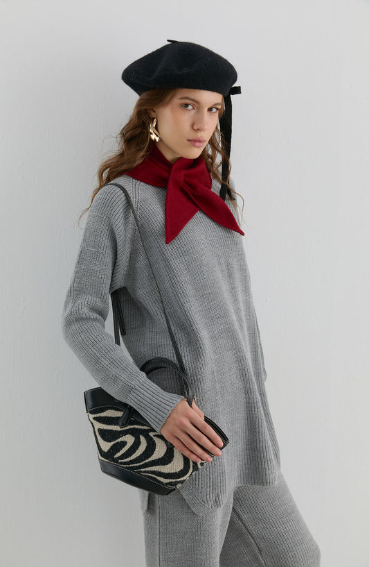 Basic Fitilli Gri Triko İkili Takım