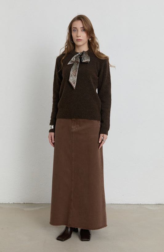 Fularlı Acı Kahve Basic Yumoş Triko Kazak