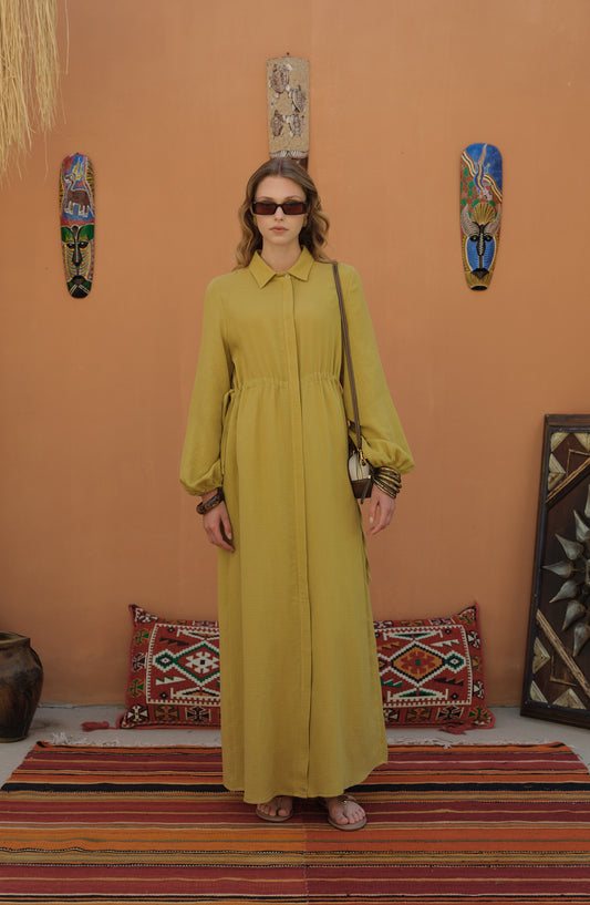 Bel Büzgülü Müslin Yağ Yeşili Ferace Elbise