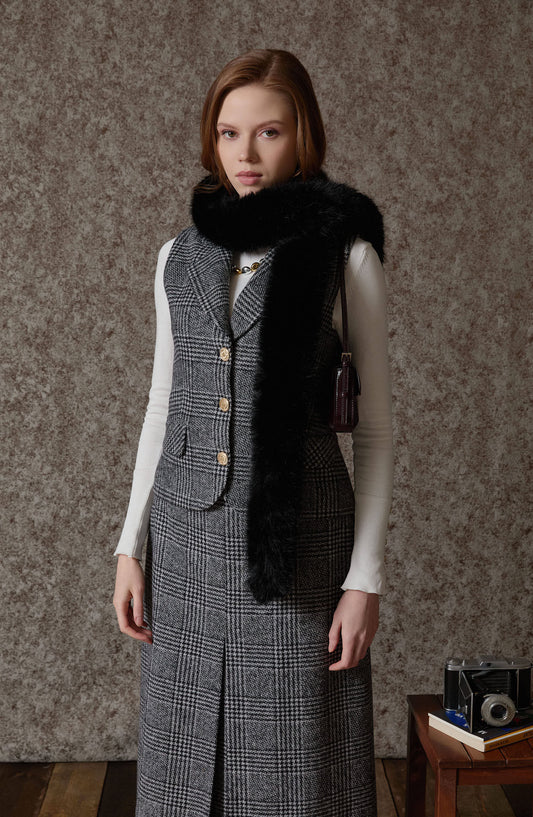 Ekose Kazayağı Blazer Siyah Yelek Etek Takım