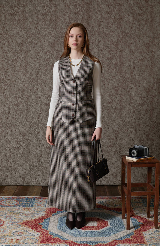 Kazayağı Yelek Etek Takım Kahve