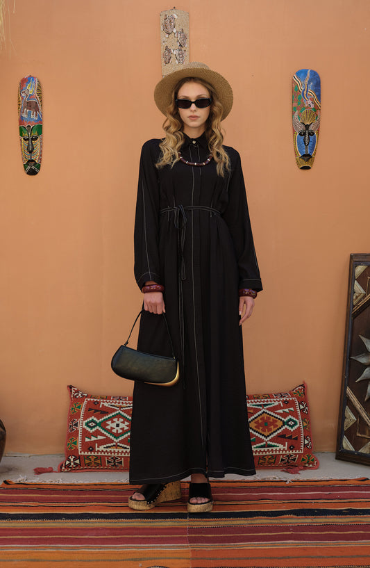 Spor Dikişli Nervürlü Siyah Elbise