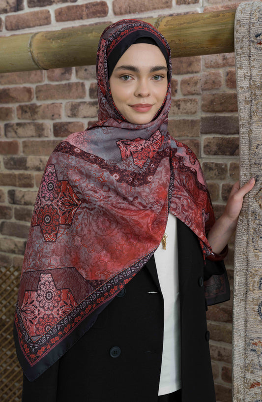 Glorina Kırmızı Etnik Desenli Şal
