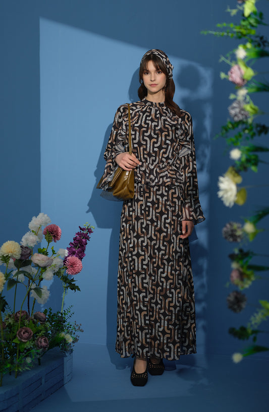 G Desen Şifon Siyah Elbise