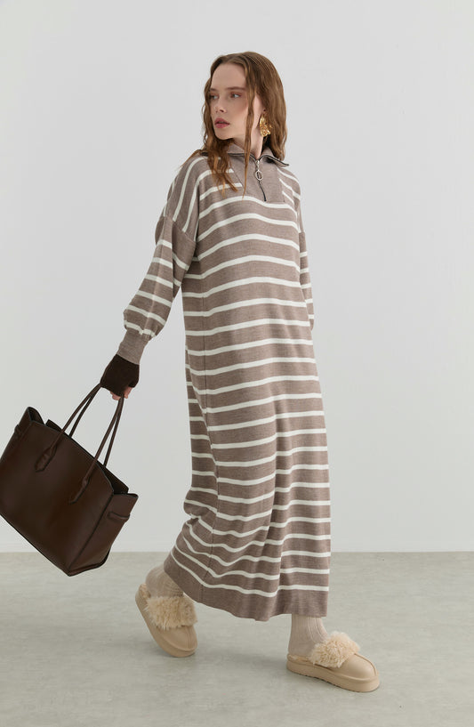 Çizgili Vizon Triko Elbise
