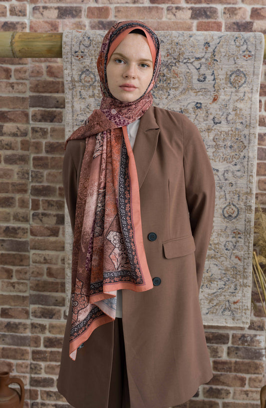 Glorina Şeftali Etnik Desenli Şal