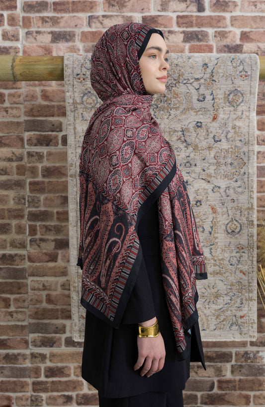 Eastern Desenli Siyah Bordo Crash Şal