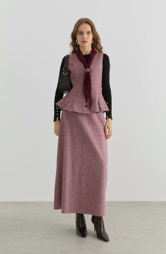 Peplumlu Bordo Tüvit Yelek Etek Takım