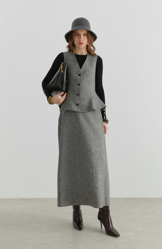 Peplumlu Siyah Tüvit Yelek Etek Takım