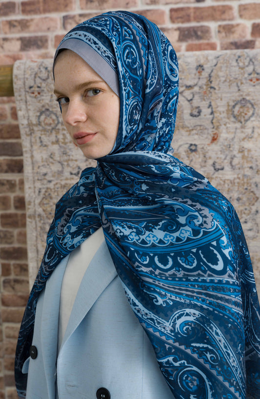 Presya Lacivert Etnik Desenli Şal