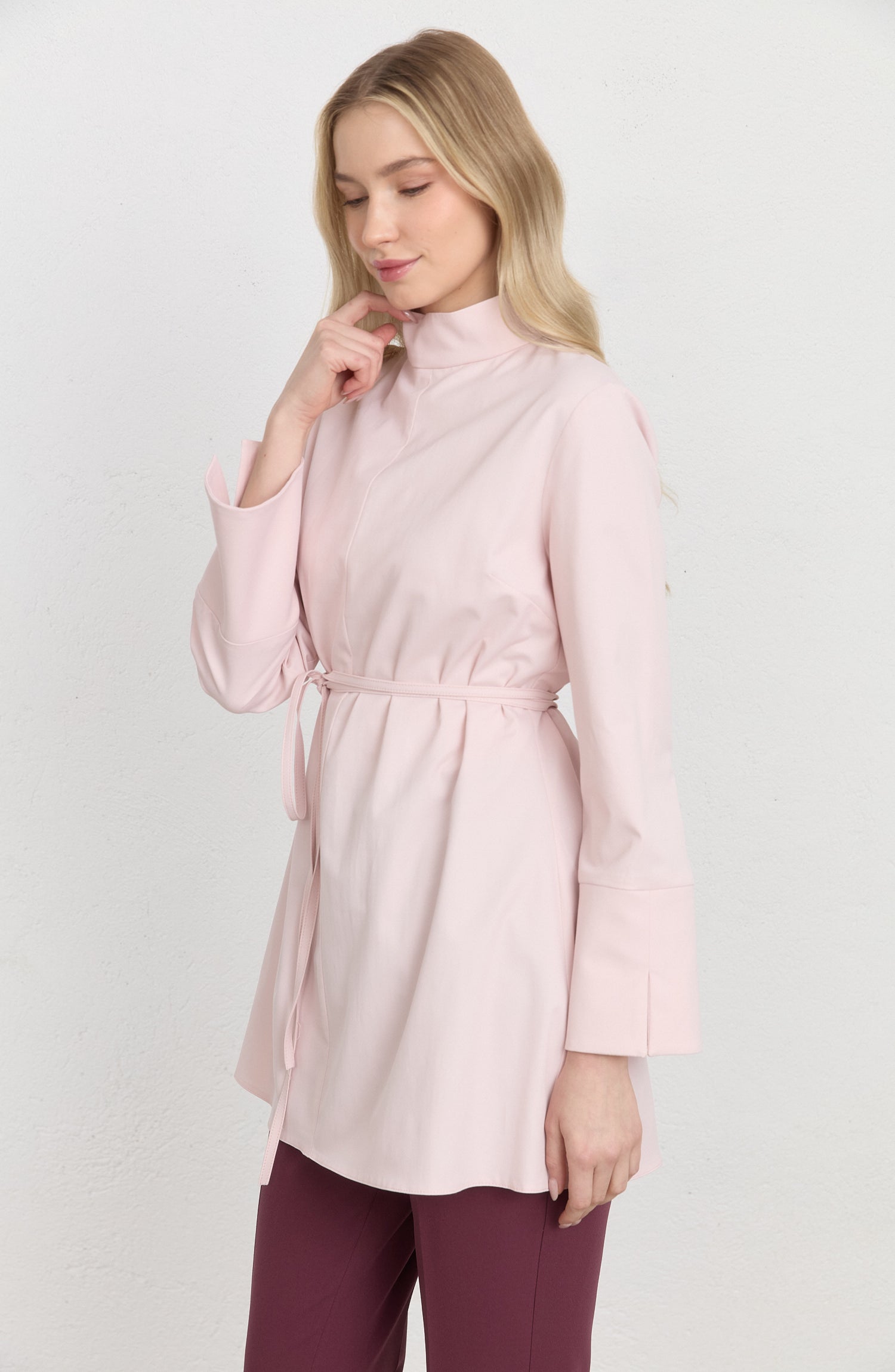 Dik Yaka Pudra Basic Pamuk Tunik Gömlek