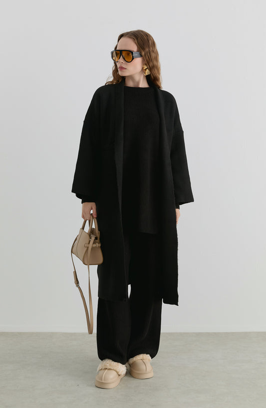 Çelik Örme Pufik Siyah Triko Hırka