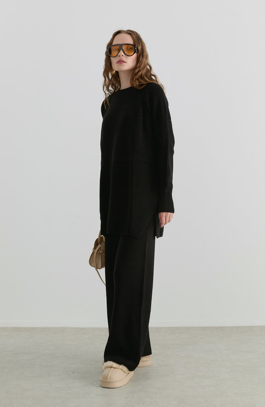 Basic Fitilli Siyah Triko İkili Takım