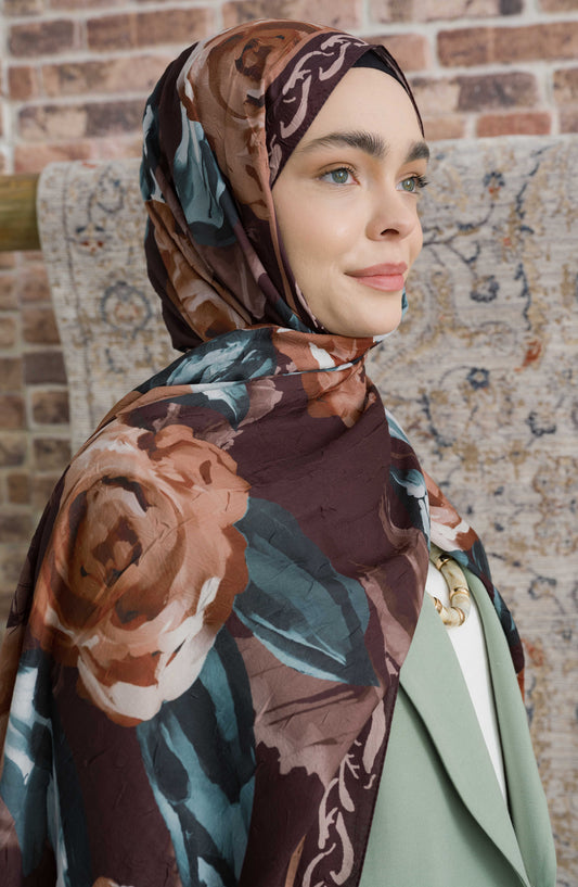 Rose Desenli Acı Kahve Crash Şal