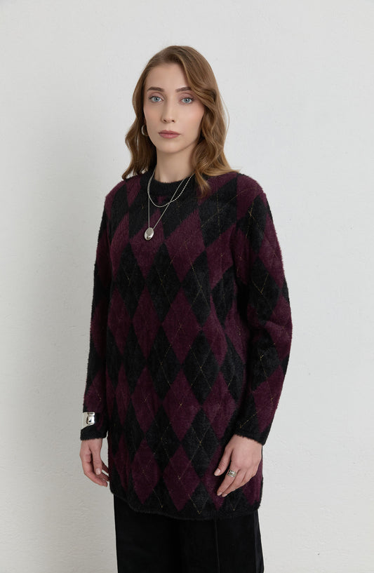 Baklava Desen Mürdüm Siyah Yumoş Triko Kazak