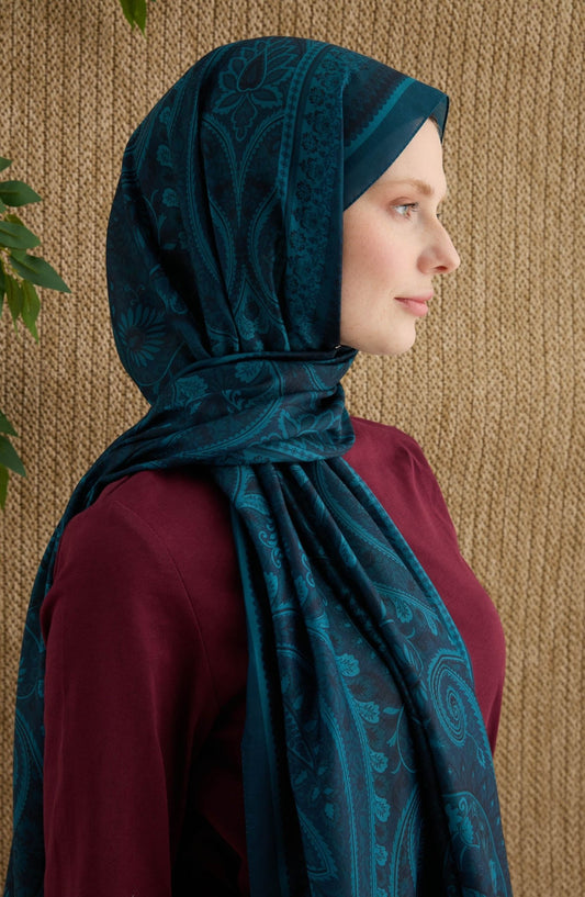 Amelia Turkuaz Etnik Desen Şal - Fatma Atasoy