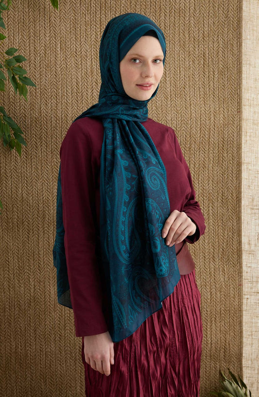 Amelia Turkuaz Etnik Desen Şal - Fatma Atasoy