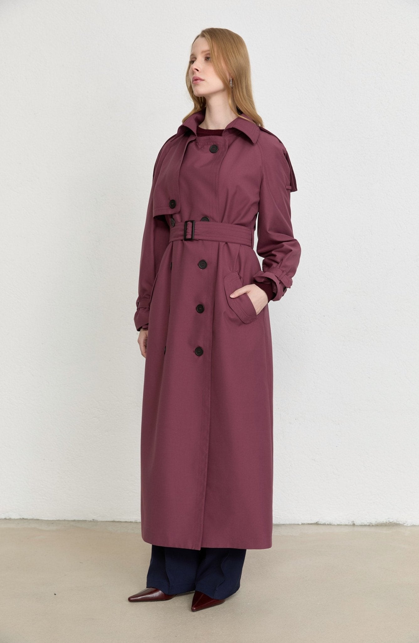 Apoletli Mürdüm Oversize Trençkot - Fatma Atasoy